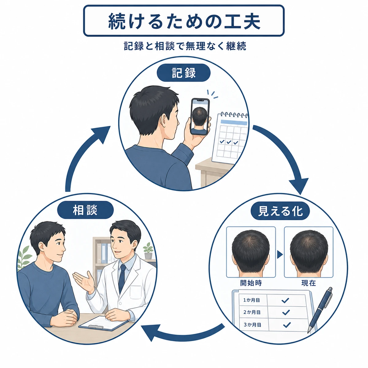 記録と専門家への相談で薄毛対策を続ける工夫を表した医療イラスト