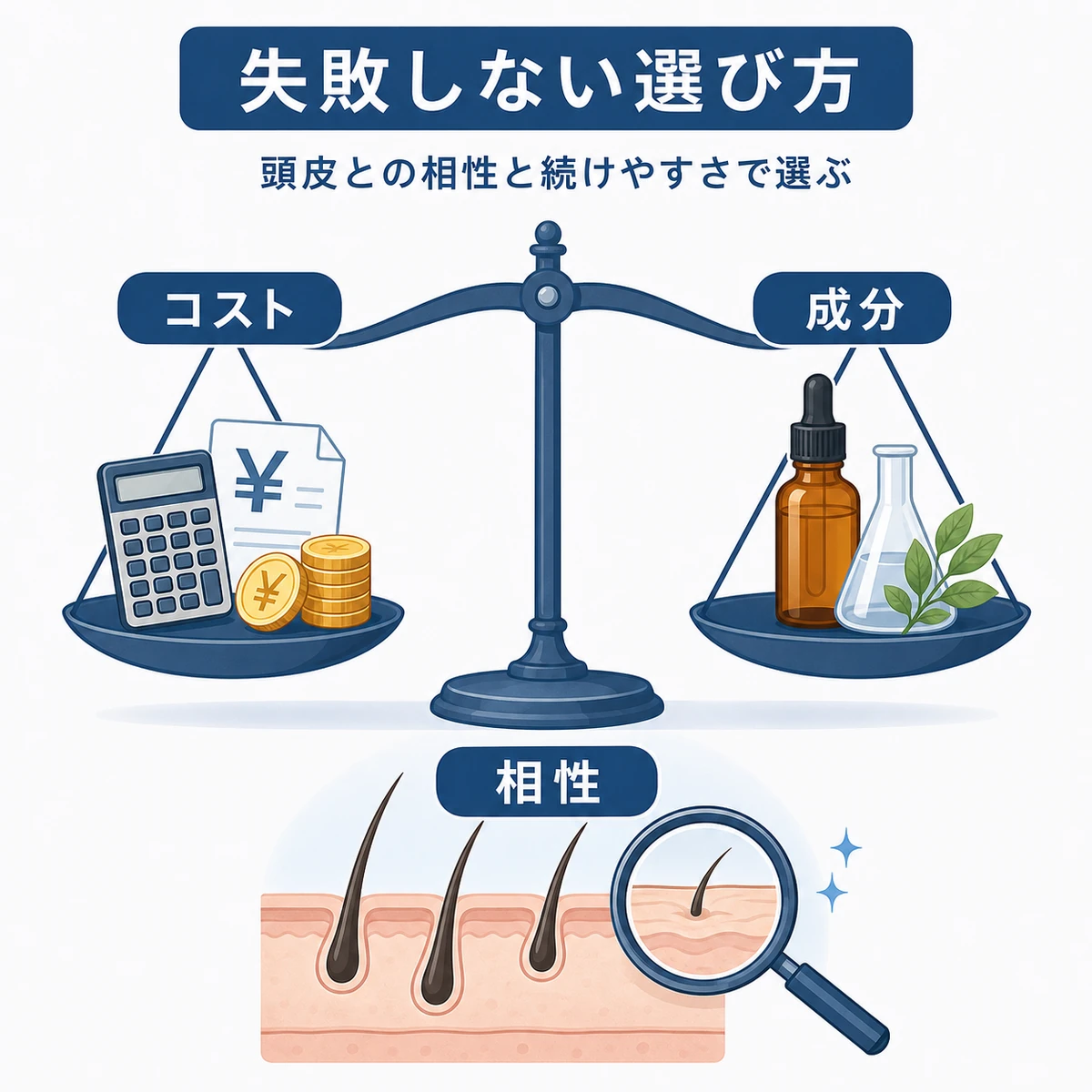 頭皮との相性やコストと成分を比較して育毛剤を選ぶ視点を表した医療イラスト