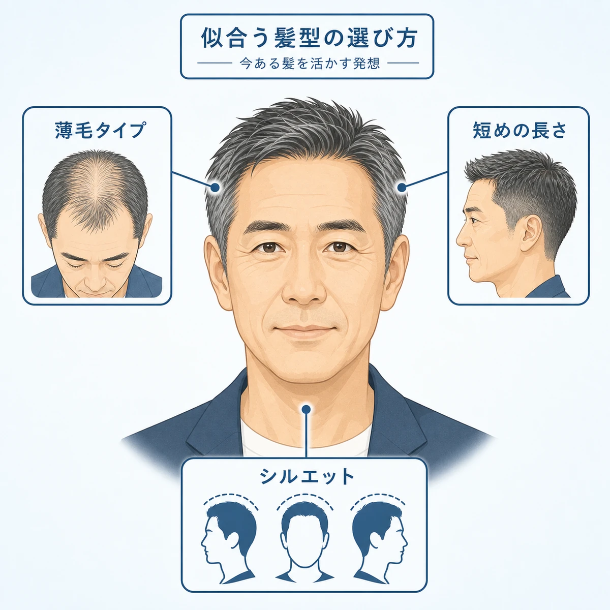 50代男性に似合う髪型を選ぶ3つの基準を表した解説イラスト