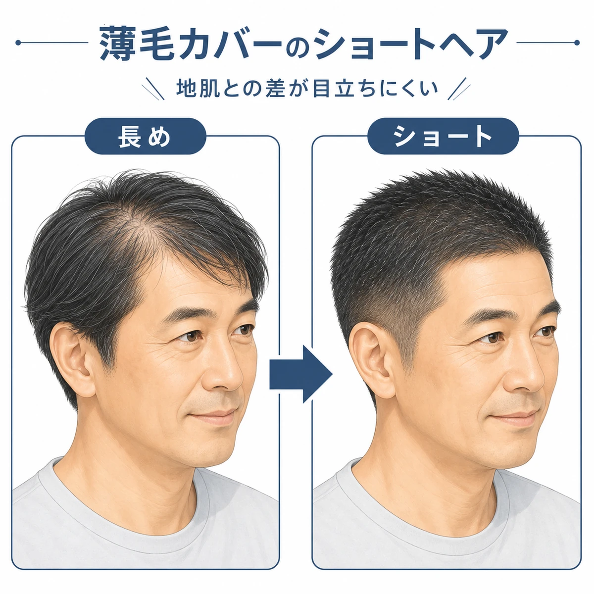 長めの髪とショートヘアを比べて薄毛が目立ちにくくなる様子を表した解説イラスト
