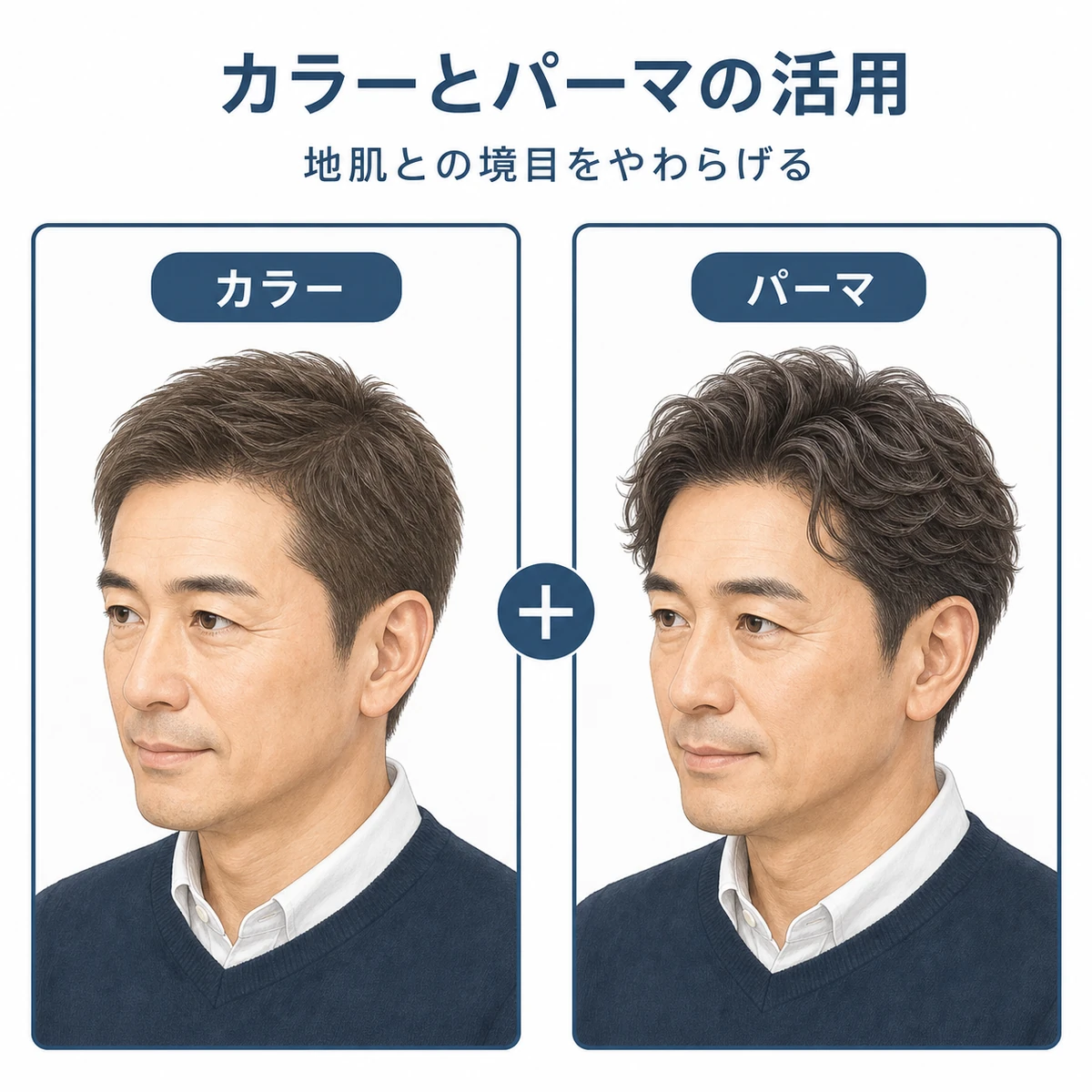 髪色とパーマで50代の薄毛を自然にカバーする2つの方法を対比した解説イラスト