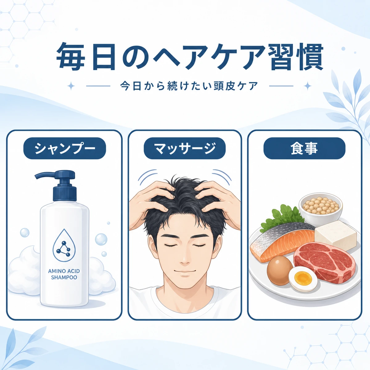 シャンプー・頭皮マッサージ・食事という50代のヘアケア習慣を表した解説イラスト