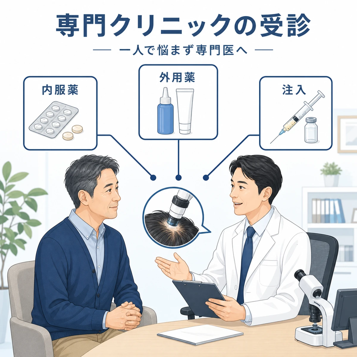 50代男性が専門クリニックで男性医師に相談し治療方法を選ぶ様子を表した解説イラスト