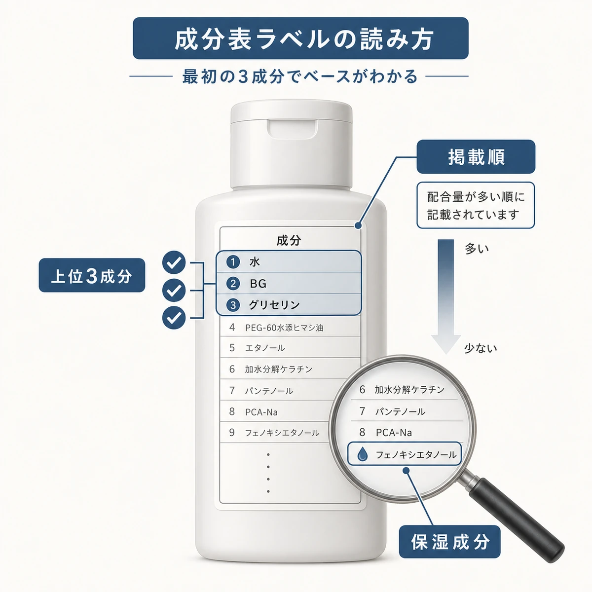 育毛剤の成分表を配合量の多い順に確認するラベルの読み方を表した医療イラスト