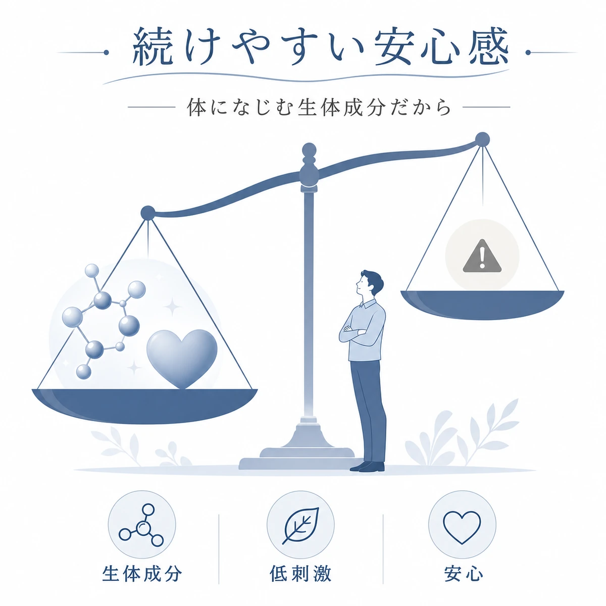 生体成分ならではの低刺激で安心感が上回る様子を天秤で表した医療イラスト