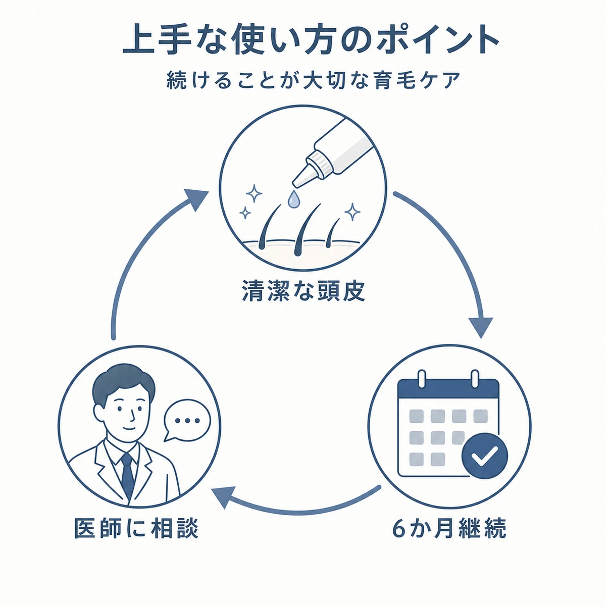清潔な頭皮への塗布と6か月継続や医師相談という育毛剤の使い方を円環で表した医療イラスト
