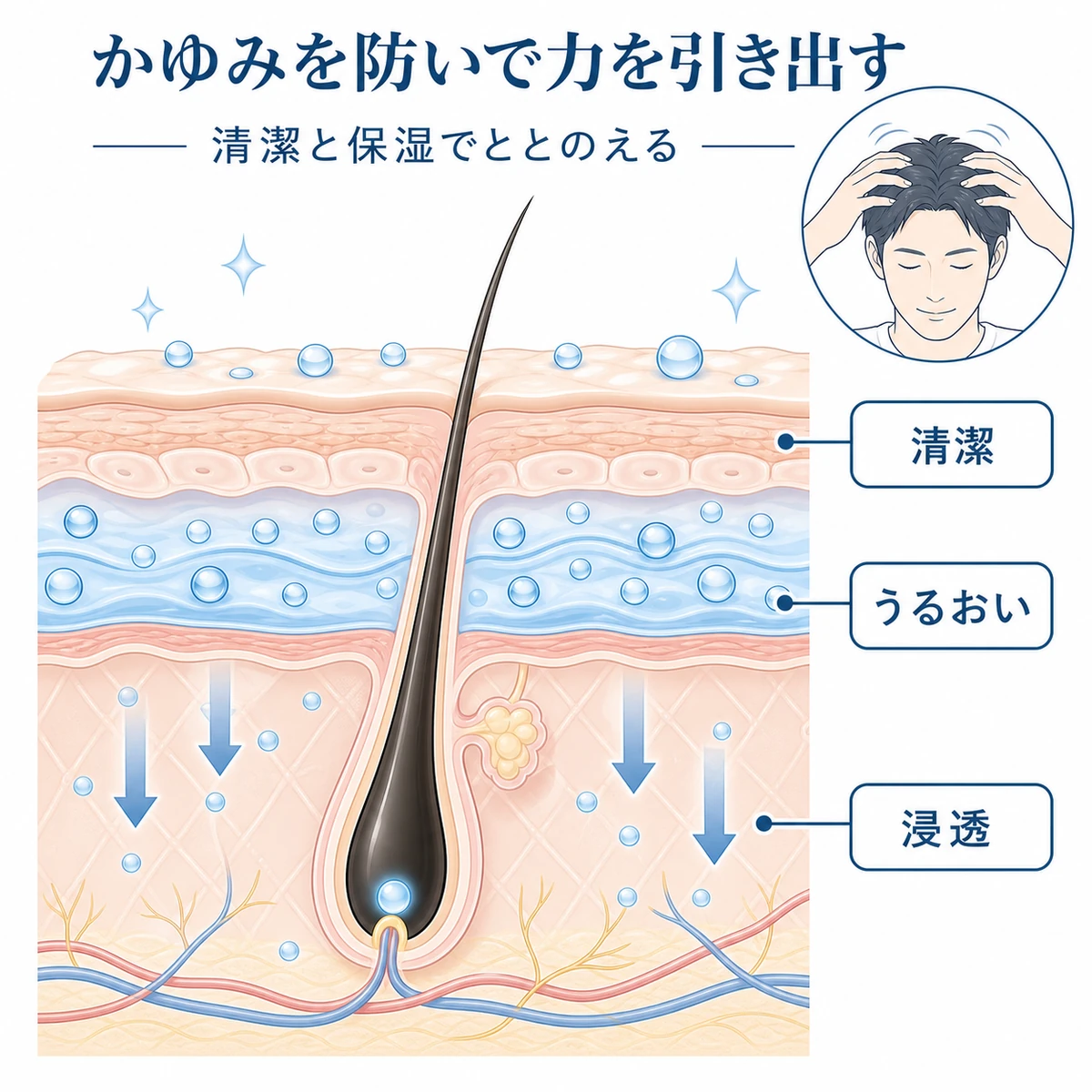清潔と保湿を整えて成分が毛根まで浸透する頭皮の断面を示した医療イラスト