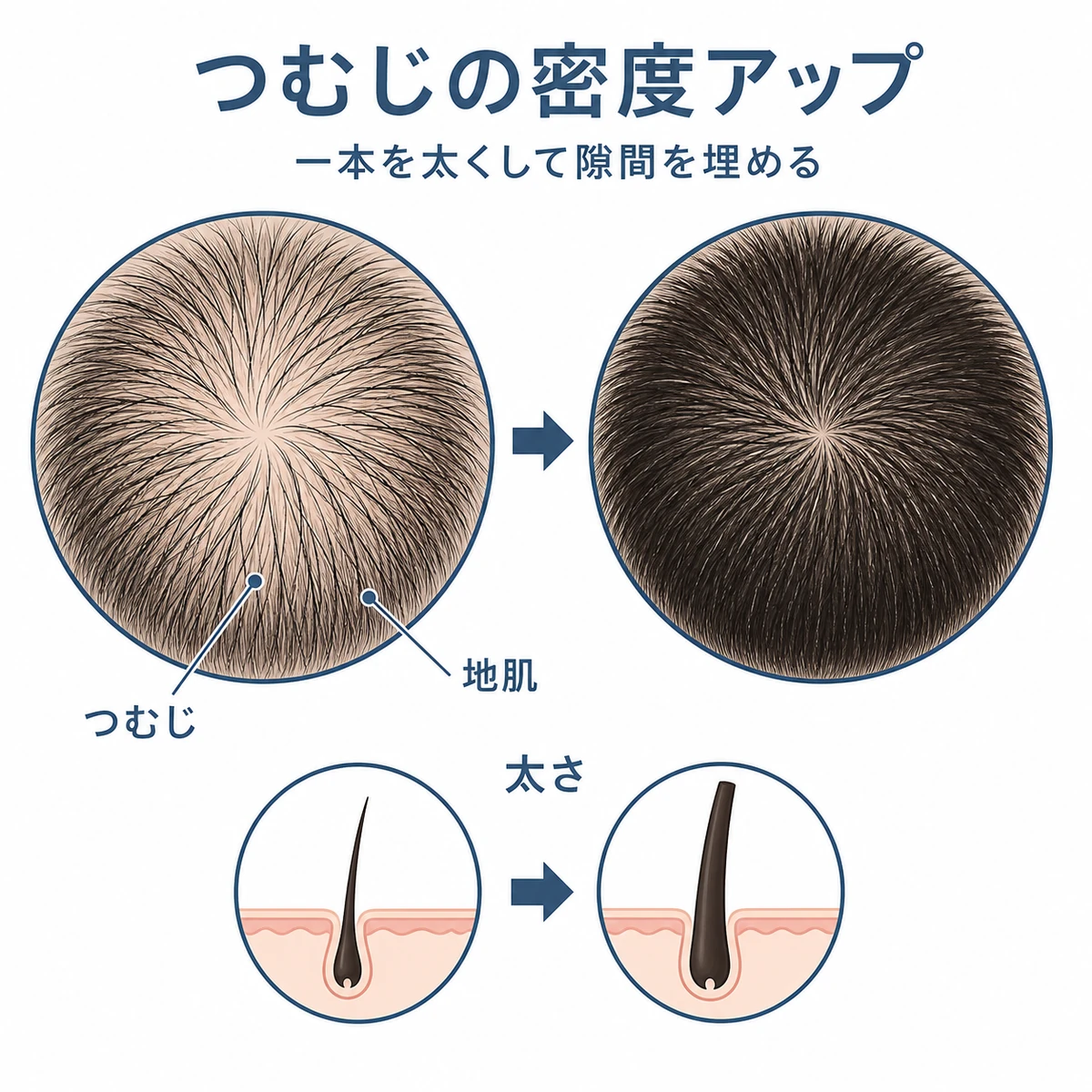 つむじ周辺の髪が太くなり地肌の透けが目立たなくなる密度回復を表した医療イラスト