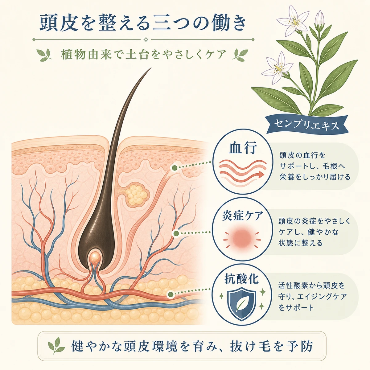 センブリエキスの血行促進と抗炎症抗酸化で頭皮環境を整える働きを表した頭皮断面イラスト