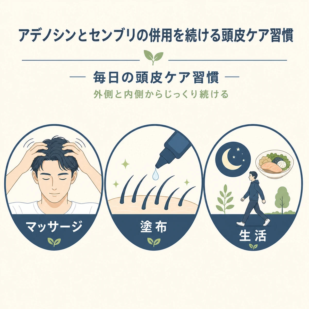 マッサージと正しい塗布と生活習慣という毎日の頭皮ケアを三つに分けて表したイラスト