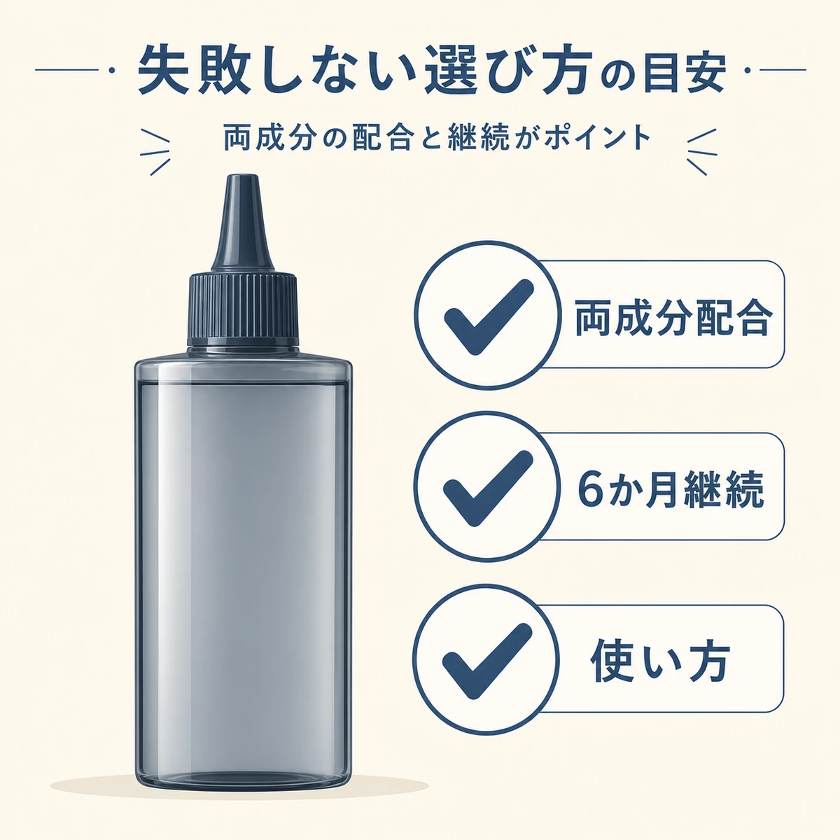 両成分の配合と継続期間と使い方を確認する育毛剤の選び方をチェックリストで表したイラスト