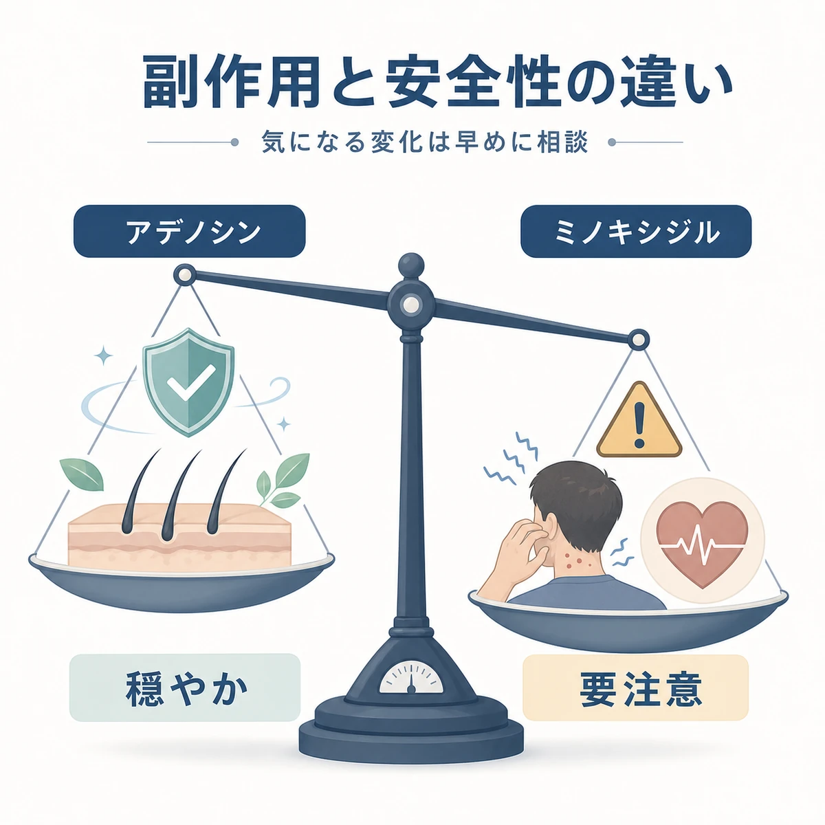 アデノシンとミノキシジルの副作用リスクと安全性の違いを天秤で表した医療イラスト