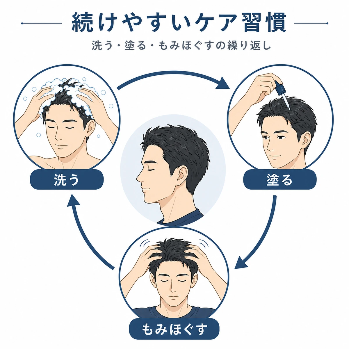 洗浄・塗布・マッサージを毎日繰り返す育毛ケアの習慣を円環で表した医療イラスト