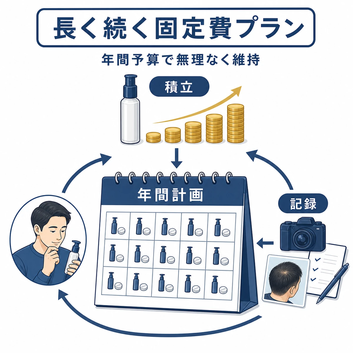 育毛費用を固定費として年間計画で長期的に維持する仕組みを表したイラスト