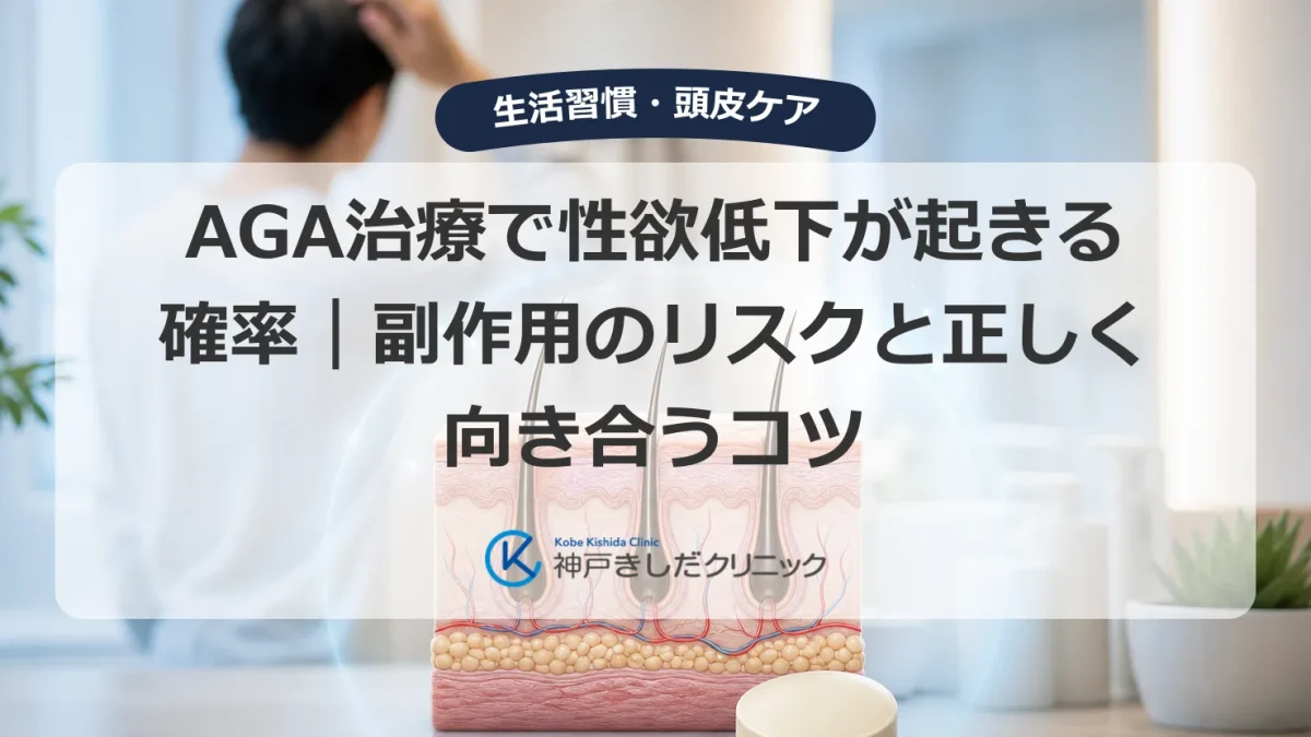 AGA治療による性欲低下など性機能の副作用を気にする男性と毛髪・頭皮の医療イメージ