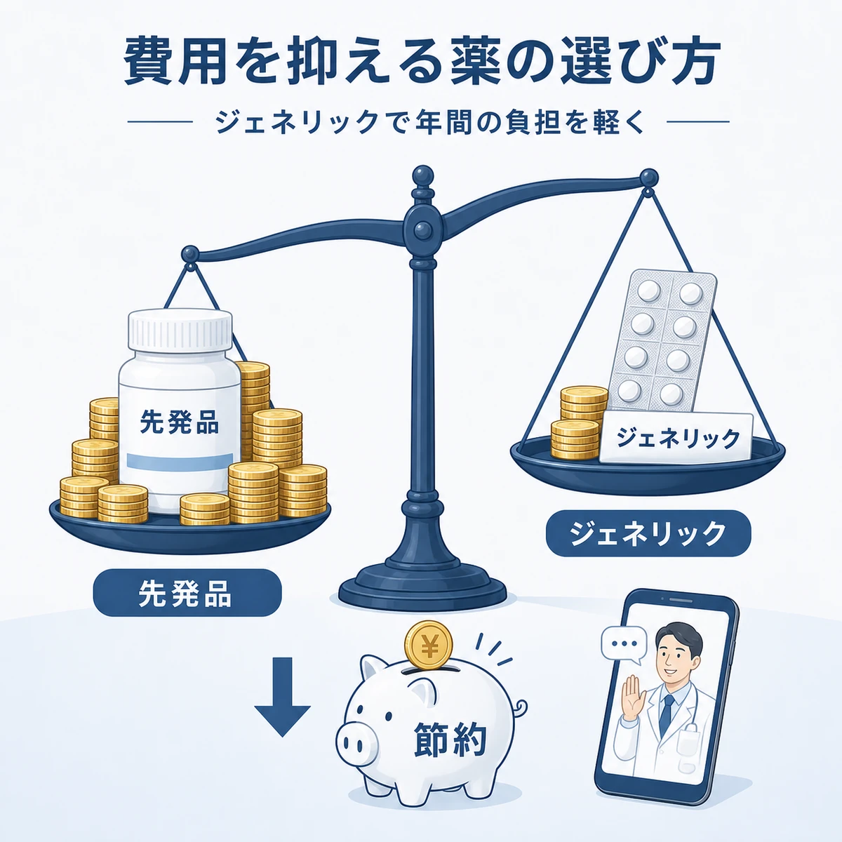 先発品とジェネリックの費用差を天秤とコインで比べたAGA治療費節約の医療イラスト