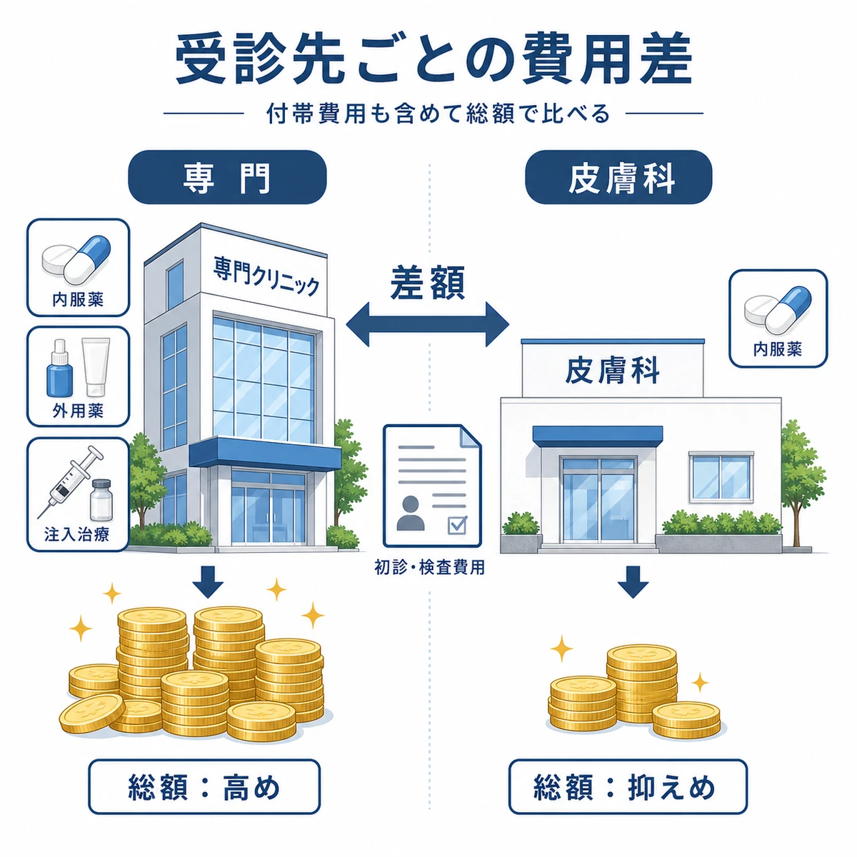 AGA専門クリニックと一般皮膚科の費用差を2つの建物とコインで比べた医療イラスト