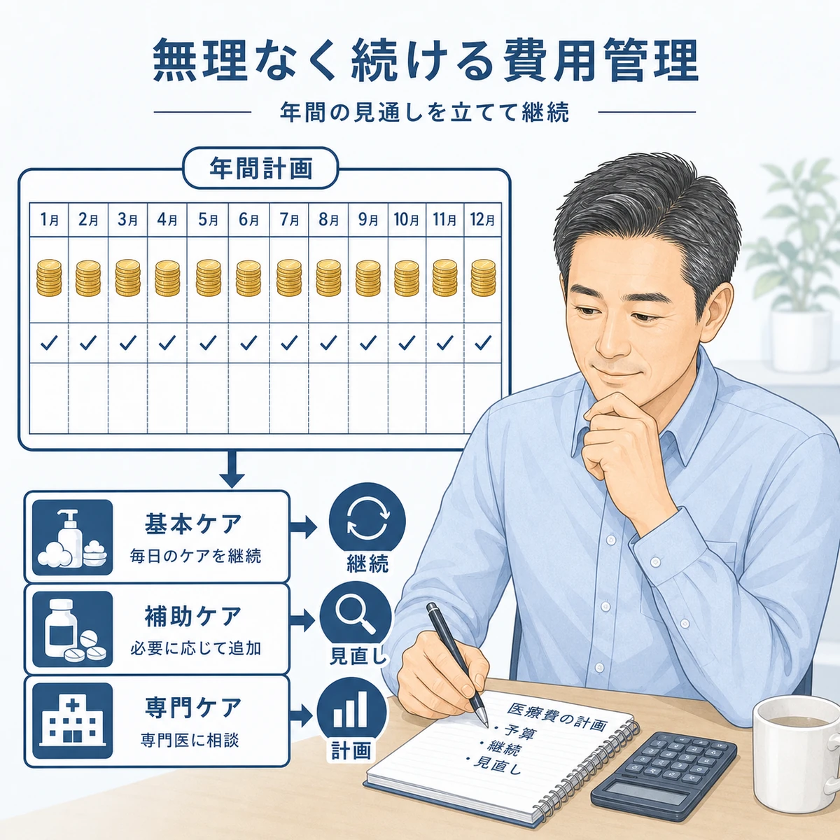 40代男性が年間カレンダーで治療費を見通し長く続ける費用管理を表した医療イラスト