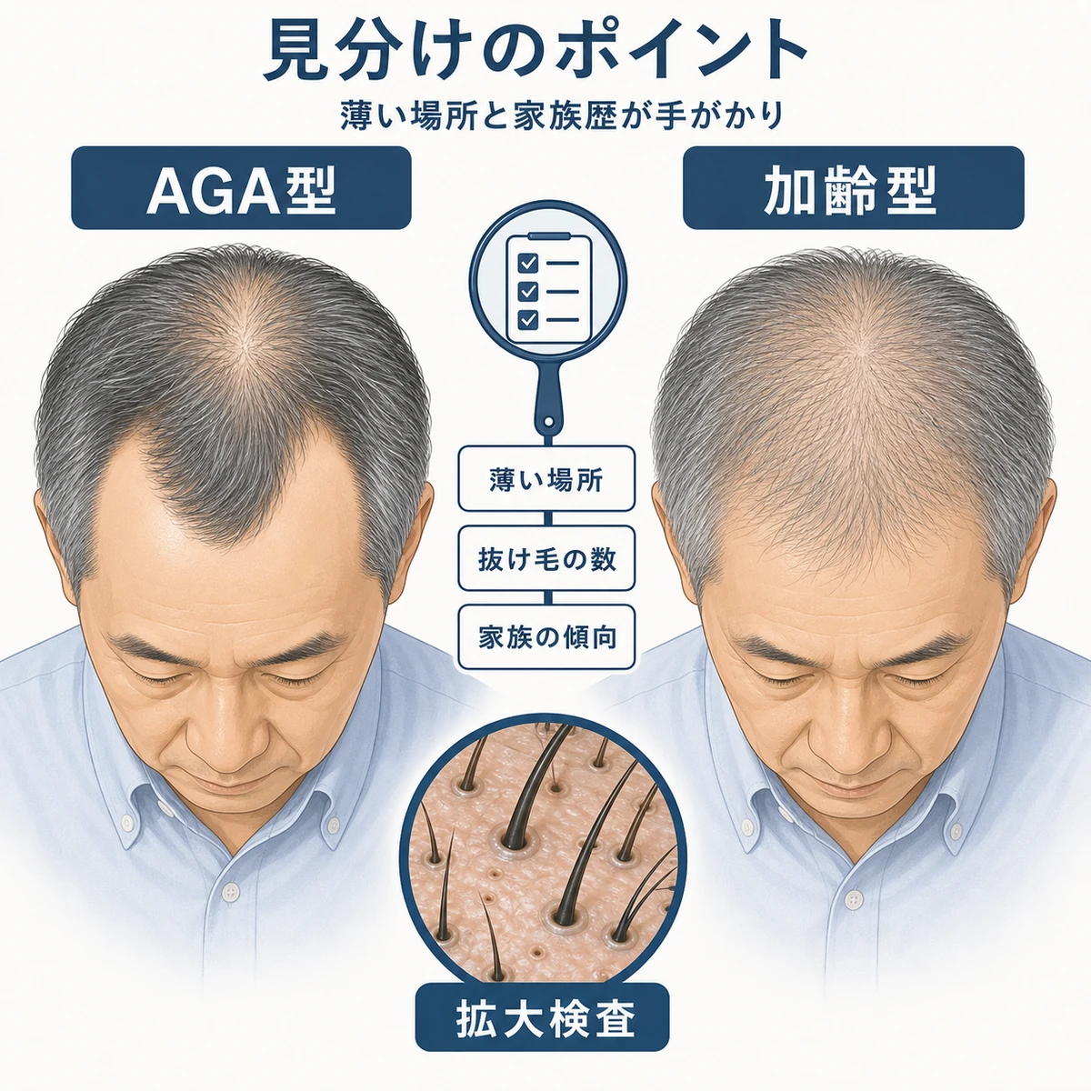 薄い場所や家族歴からAGAと加齢性の薄毛を見分けるセルフチェックの観点を表した医療イラスト