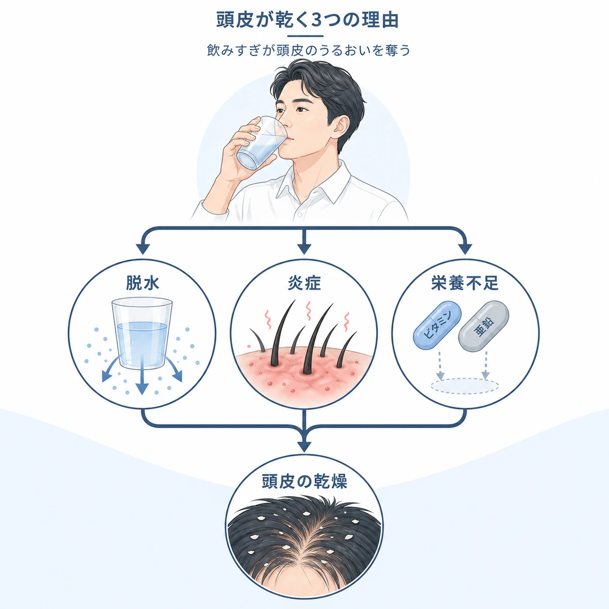 飲酒が脱水・炎症・栄養不足の3経路で頭皮の乾燥を招くしくみを表した医療イラスト