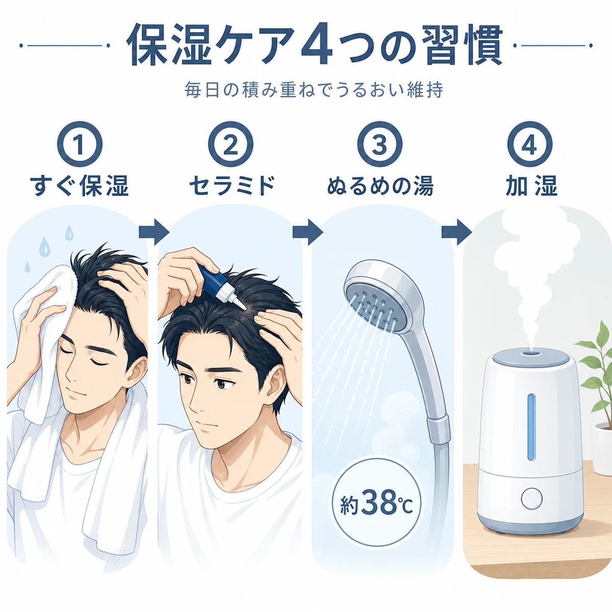洗髪後の保湿から加湿まで頭皮を守る4つの習慣を手順で示した医療イラスト