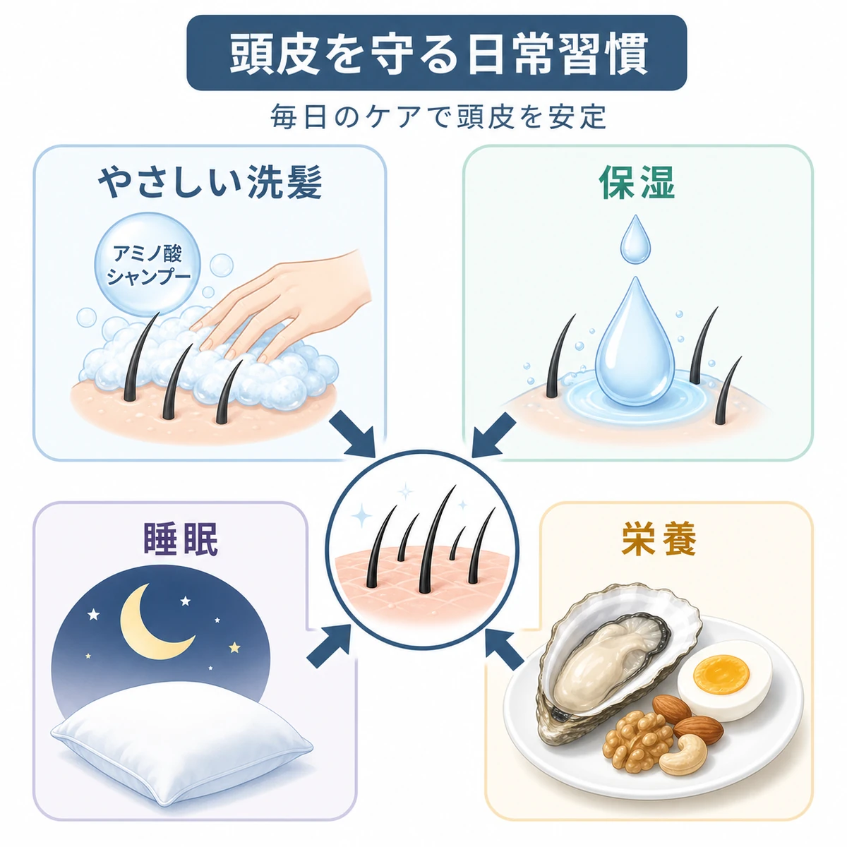 洗髪・保湿・睡眠・栄養など頭皮を守る日常習慣を並べた医療イラスト