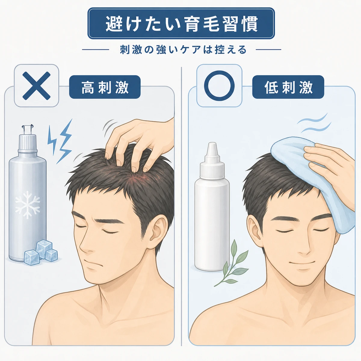 アトピー肌が避けたい育毛習慣とすすめたいケアを対比した医療イラスト