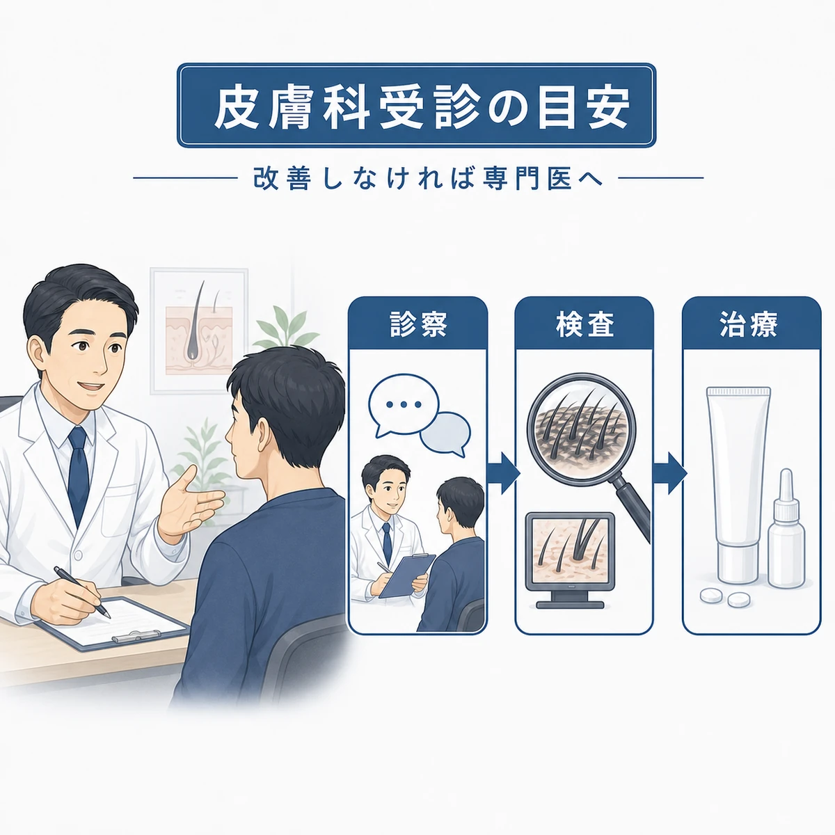 皮膚科での薄毛相談から検査と治療までの流れを表した医療イラスト