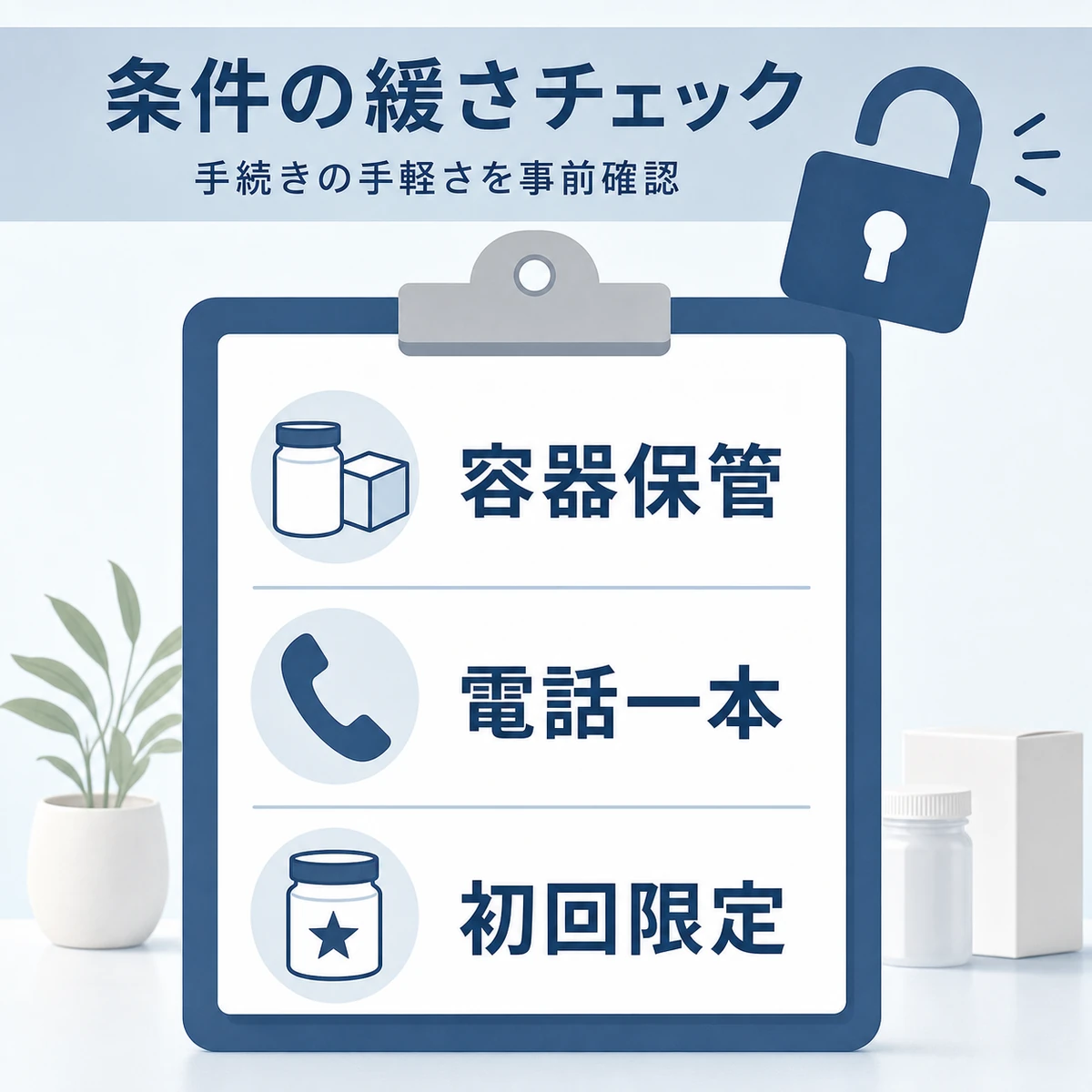 容器保管や電話申請など返金条件の緩さを確認する項目を並べた医療系チェックリストのイラスト