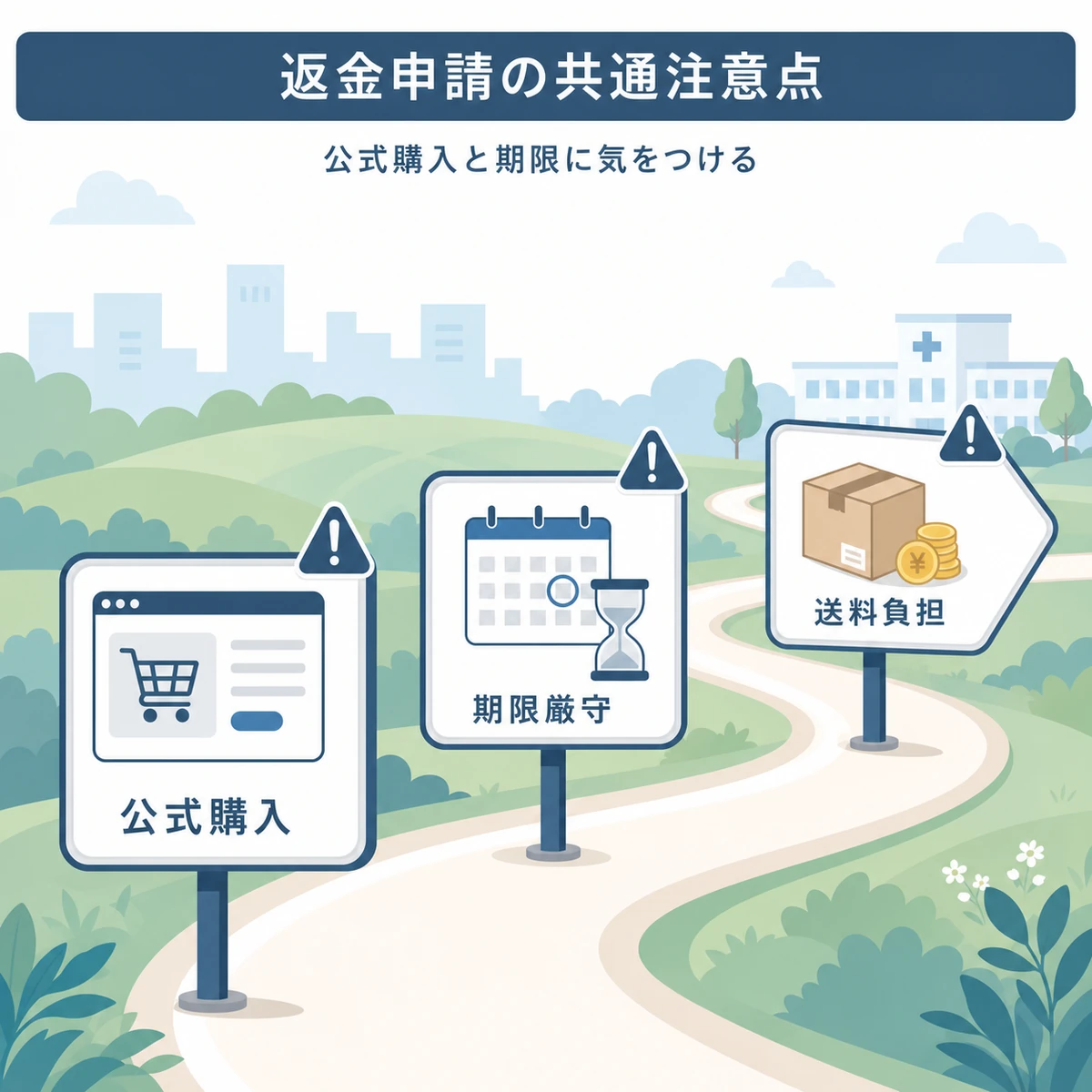 公式購入・期限・送料など返金申請で気をつける共通の注意点を道沿いの標識で示した医療系イラスト