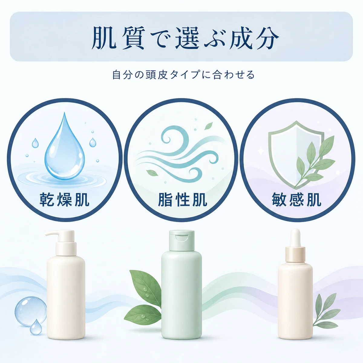 乾燥肌・脂性肌・敏感肌の肌質タイプ別に育毛剤の成分を選ぶ基準を分類した医療系イラスト