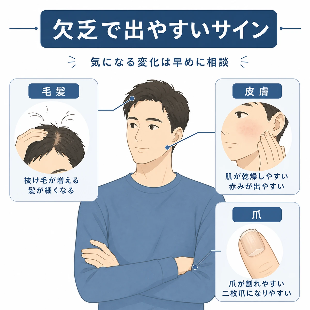 ビオチン欠乏で毛髪や皮膚や爪に出やすいサインを部位別に表した医療イラスト