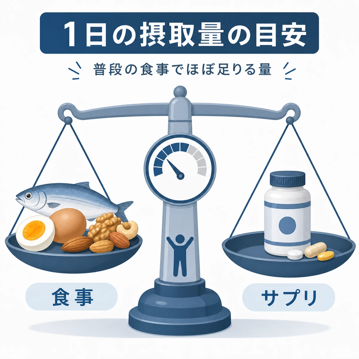 食事とサプリのビオチン摂取量を天秤で比べた医療イラスト