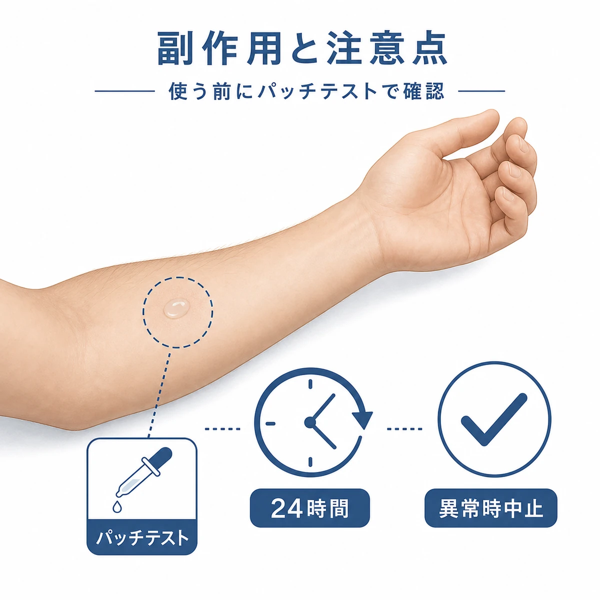 育毛剤使用前のパッチテストと安全性の確認手順を表した医療イラスト