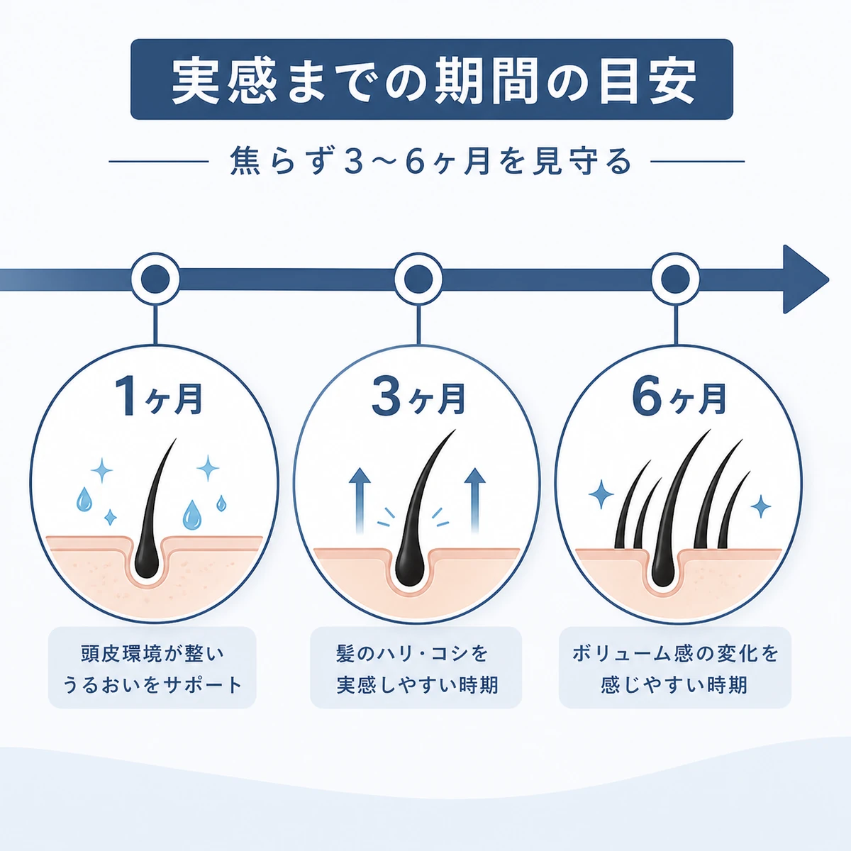 1ヶ月から6ヶ月へと続く継続期間の目安を左右の流れで表した医療イラスト