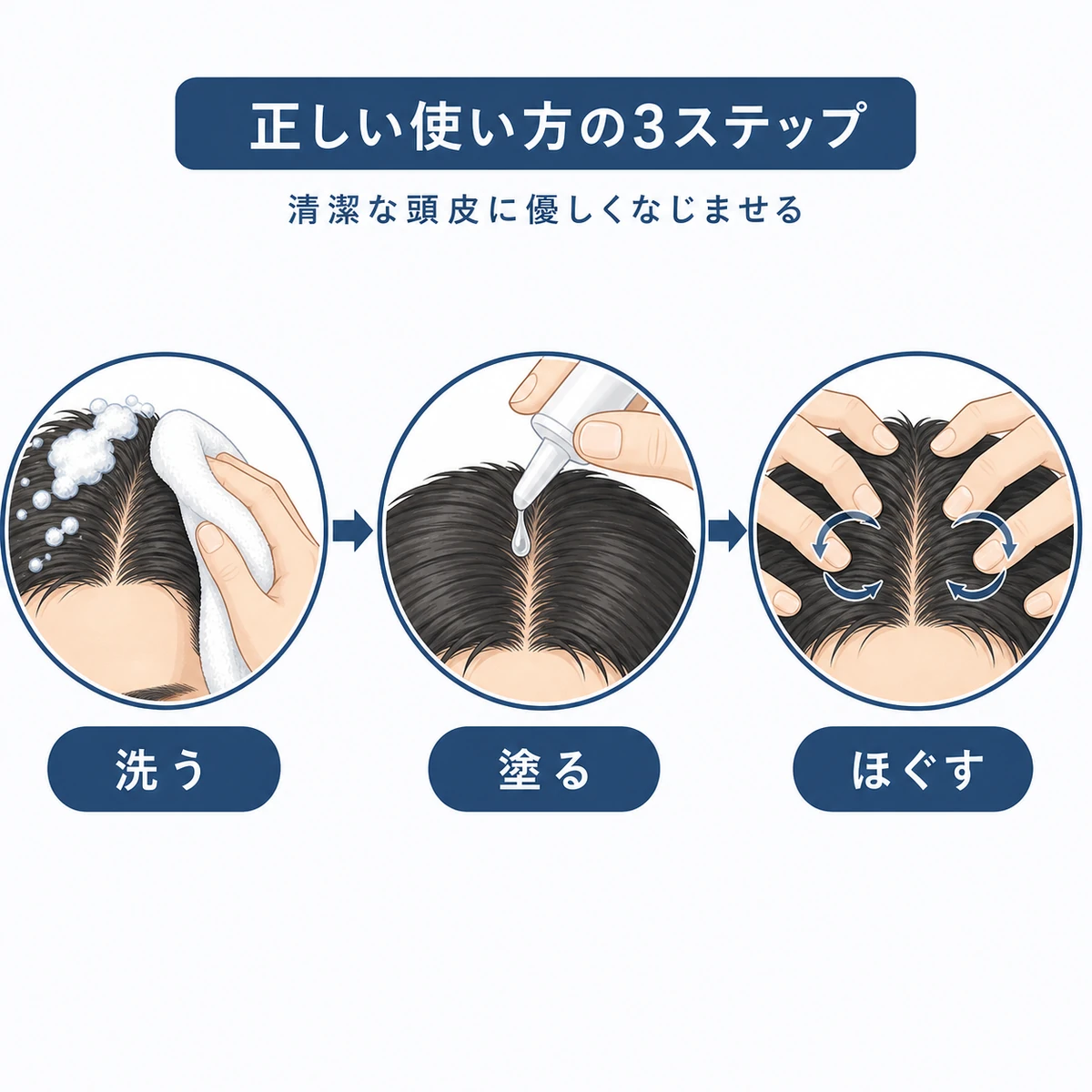 清潔な頭皮に塗ってマッサージする正しい使い方の3ステップを流れで表した医療イラスト