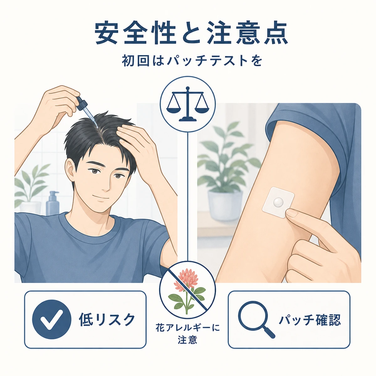低リスクの安心材料とパッチテストなど注意点の両面を表した医療イラスト