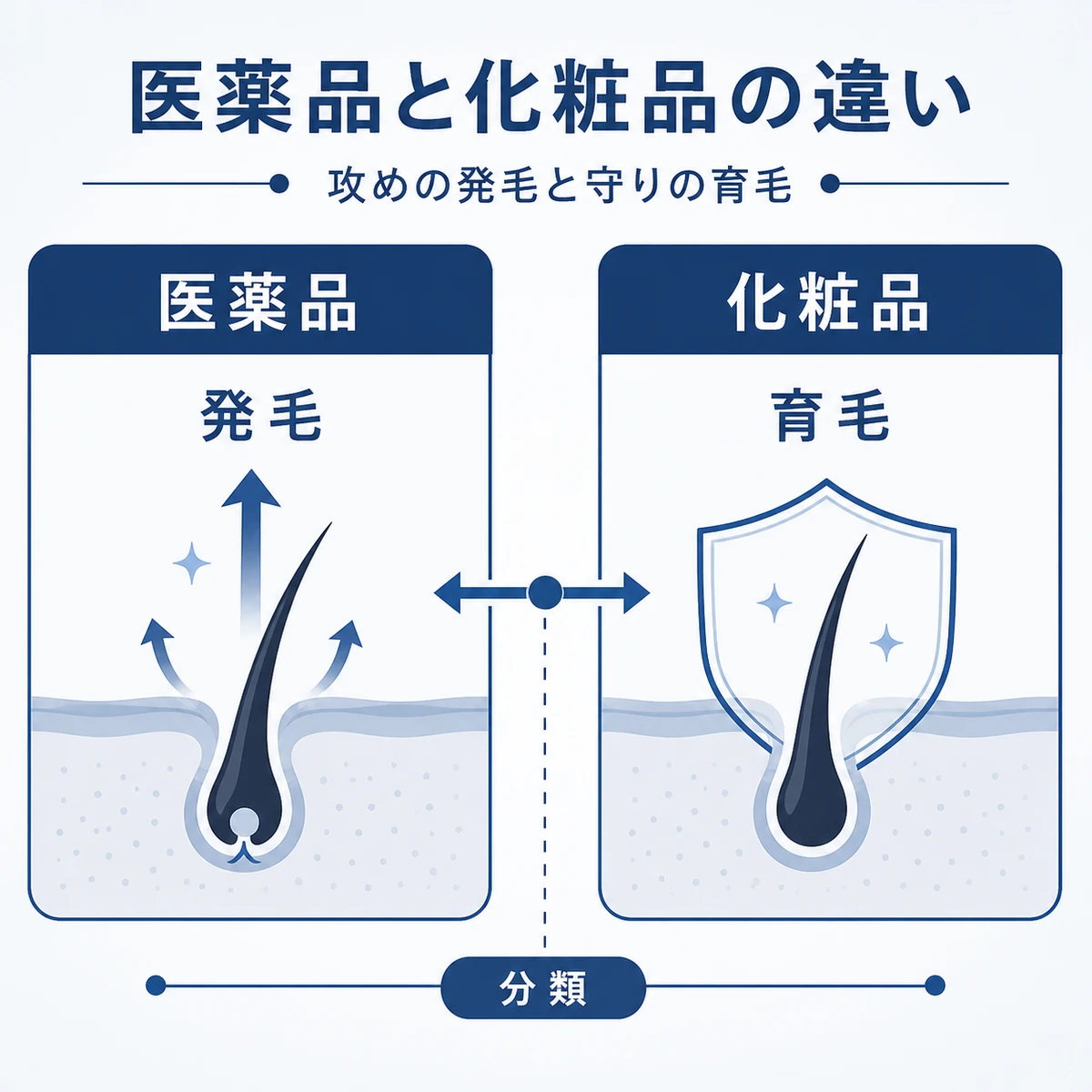 ミノキシジルとキャピキシルの医薬品と化粧品という分類の違いを表した医療イラスト