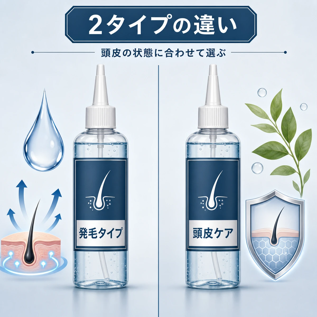 発毛タイプと頭皮ケアタイプの育毛剤ボトルを左右で比べた医療イラスト