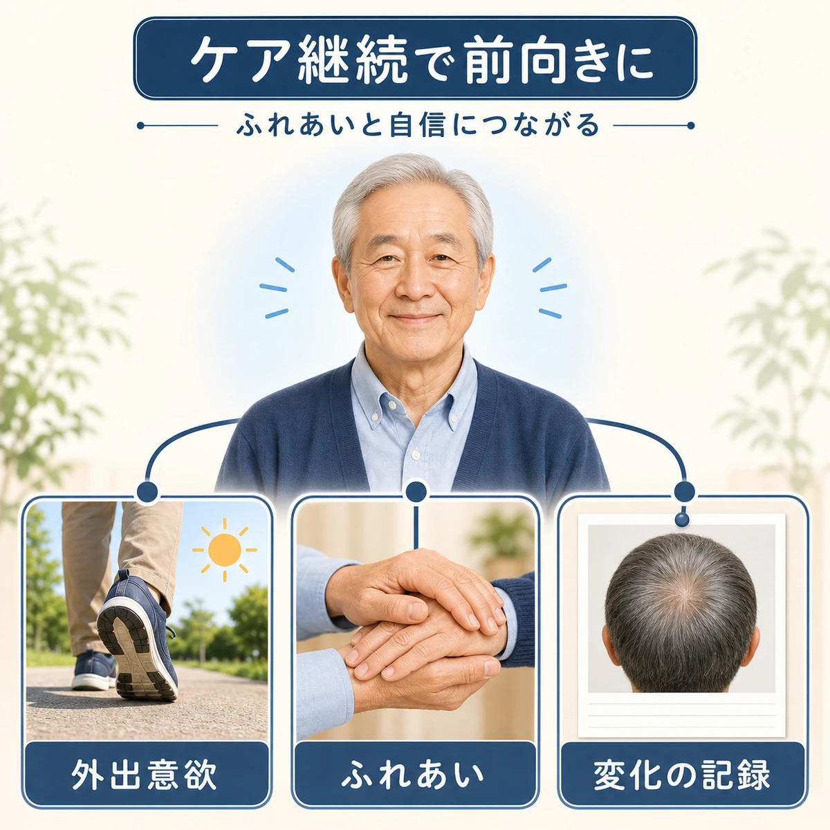 頭皮ケアの継続が外出意欲やふれあい、変化の記録を通じてQOL向上につながる様子を表した医療イラスト