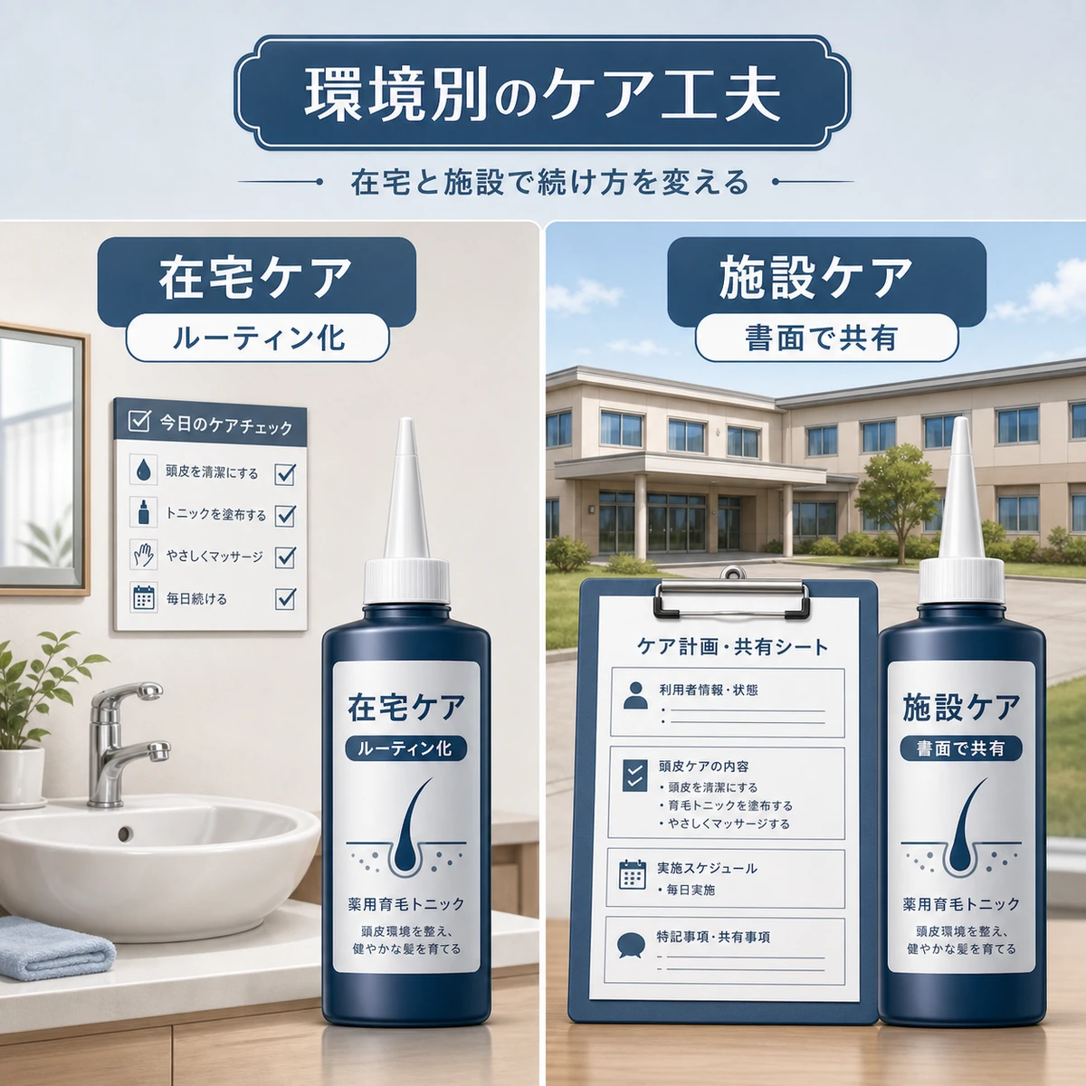 在宅介護と介護施設それぞれの育毛剤の続け方の工夫を左右で比べた医療イラスト
