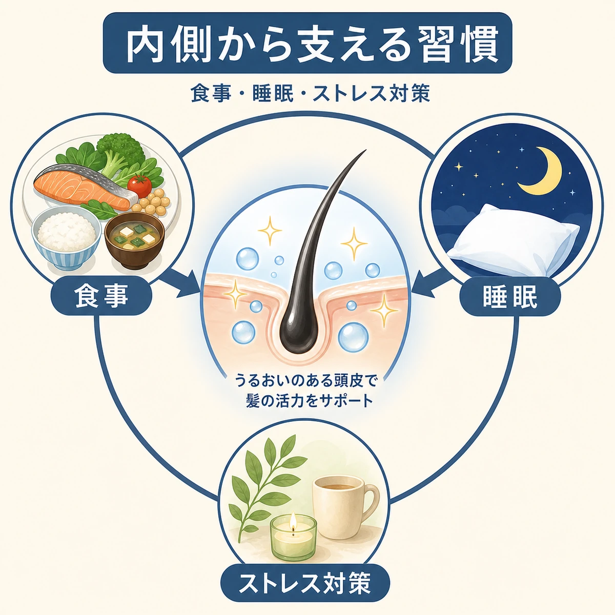 食事と睡眠とストレス対策が頭皮を内側から支える関係を円環で表した医療イラスト
