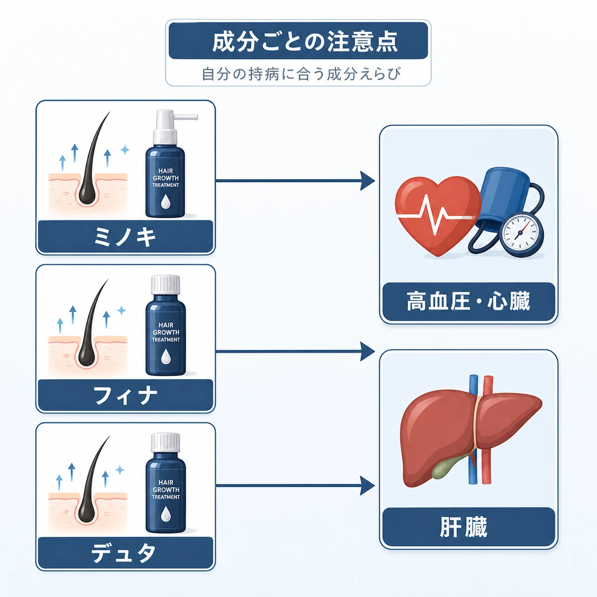 育毛成分と注意すべき持病の対応関係を表した医療イラスト