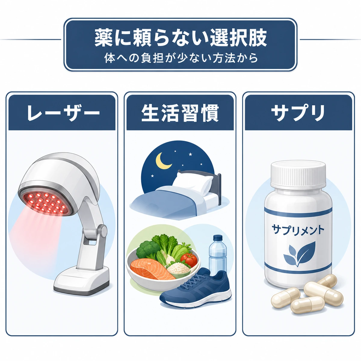 レーザーや生活習慣など薬に頼らない育毛の選択肢を並べて表した医療イラスト