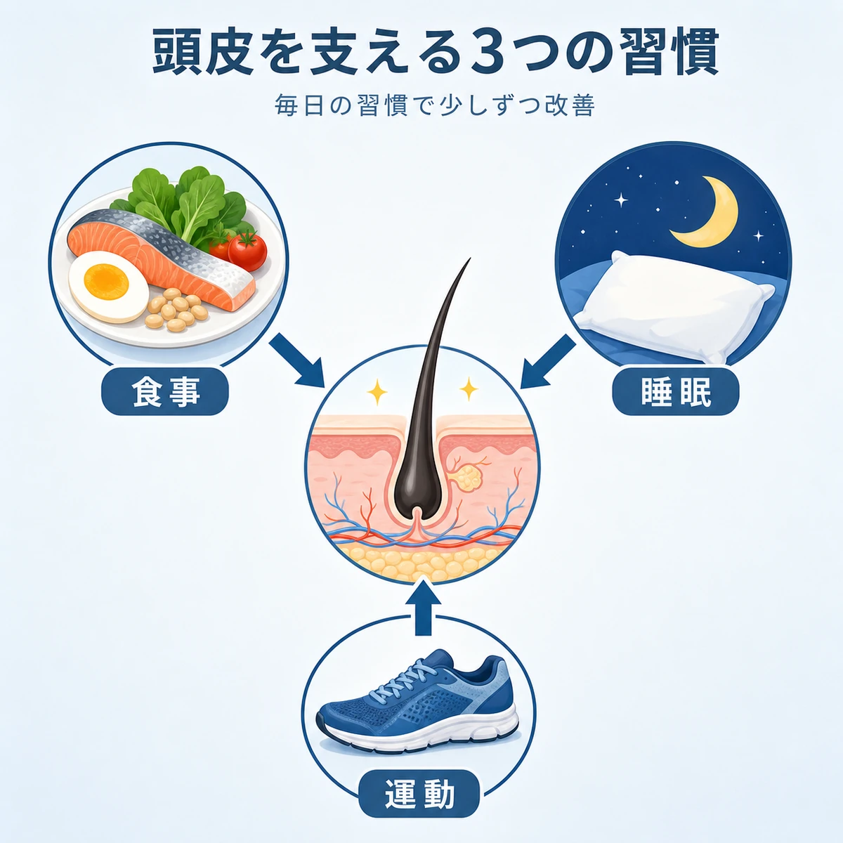 食事・睡眠・運動の生活習慣が頭皮環境を支える関係を表した医療イラスト