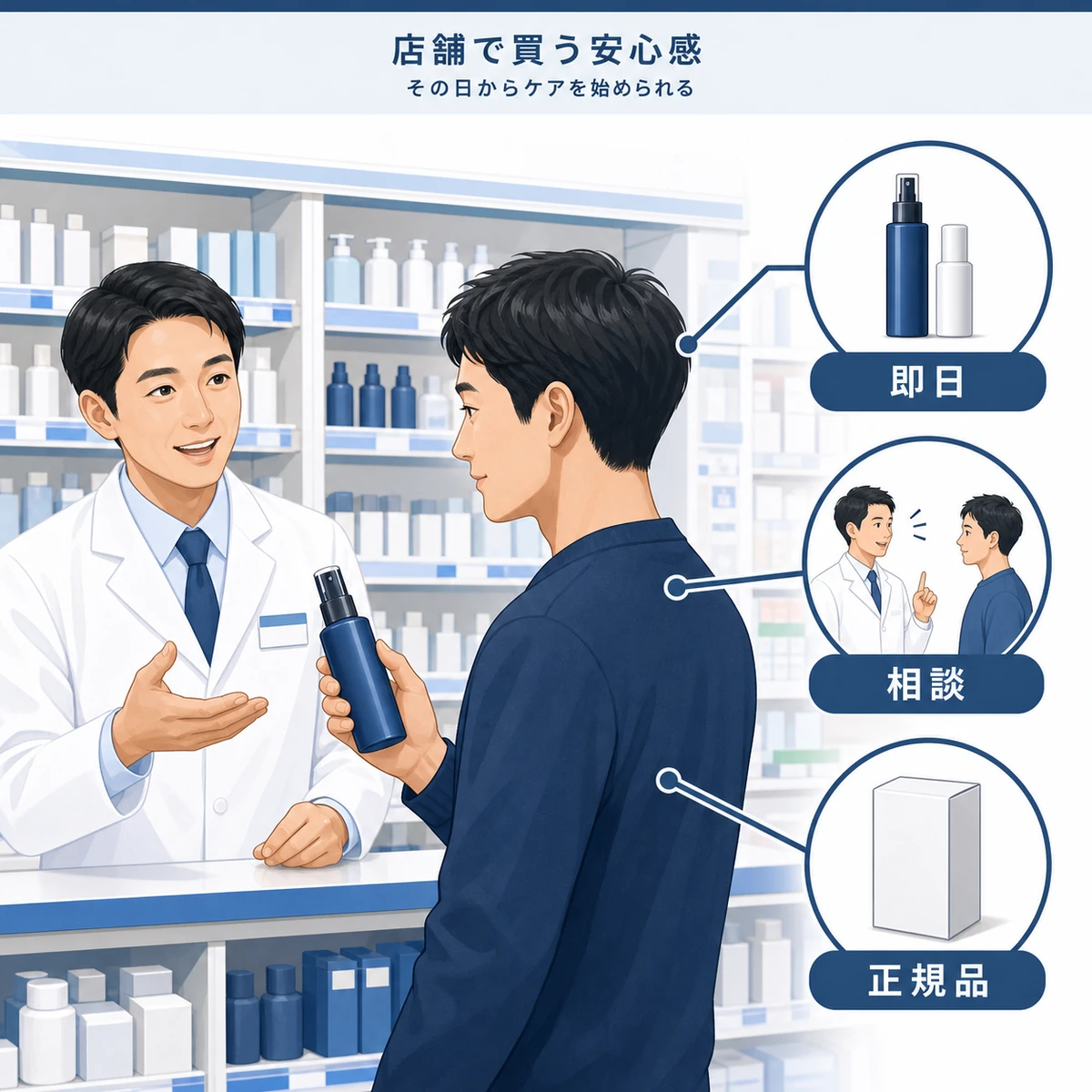 ドラッグストアの店頭で育毛剤を選ぶ成人男性と登録販売者の相談風景を表した医療イラスト