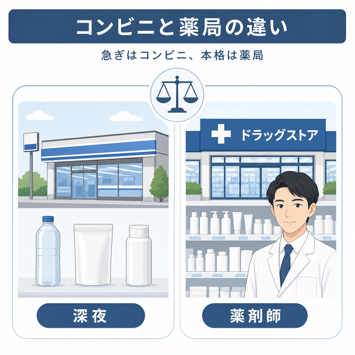 24時間のコンビニと品揃え豊富なドラッグストアの頭皮ケア商品の違いを左右で対比した医療イラスト