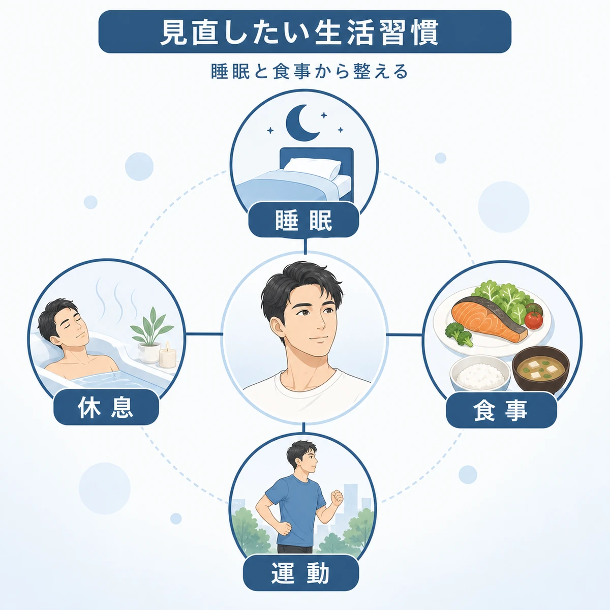 睡眠や食事、運動、休息といった生活習慣が抜け毛に関わることを中央の男性と4つのアイコンで表した医療イラスト