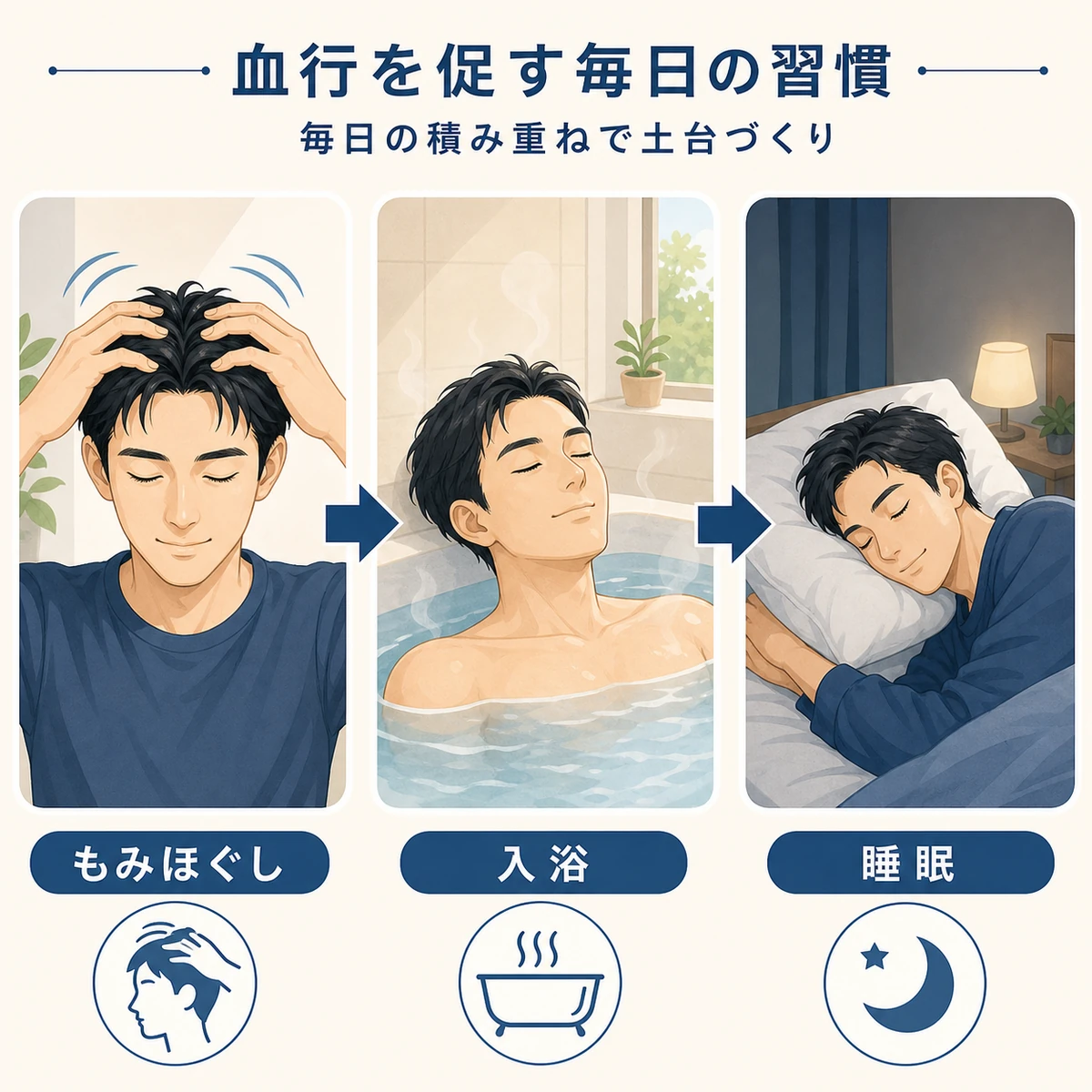 頭皮の血行を促すマッサージと入浴と睡眠の習慣を表した医療イラスト