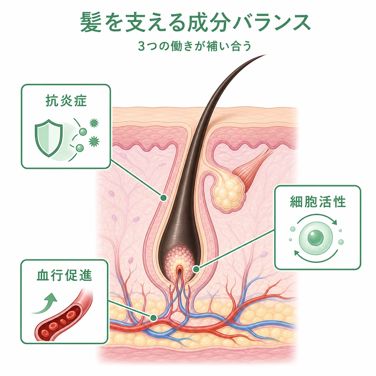 毛根の断面で細胞活性と抗炎症と血行促進の成分が働く様子を示した医療イラスト